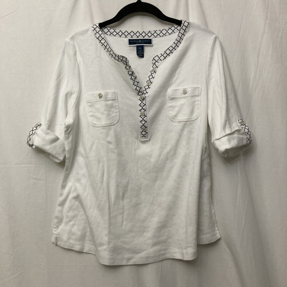 Karen Scott Petites White w/Trim Roll-Tab Sleeve Henley w/Chest Pockets - SZ PXL